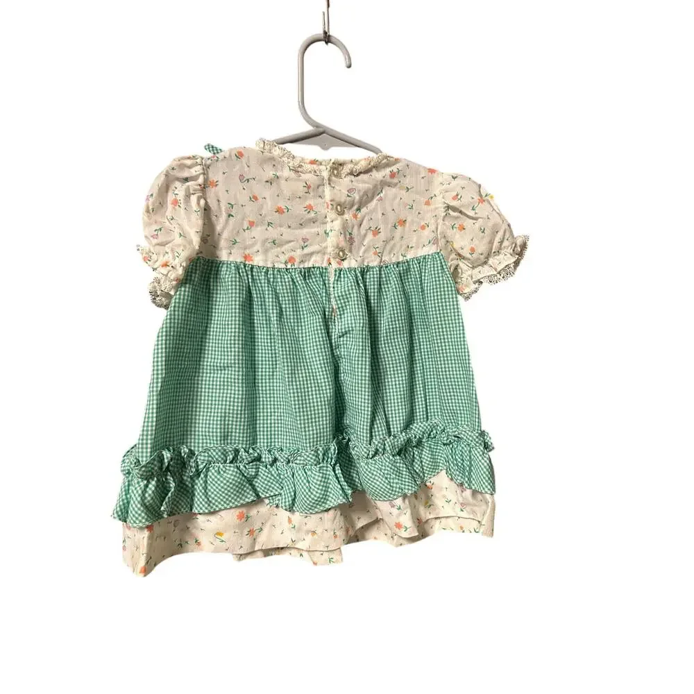 vintage baby girl 18m outfit gingham lovebird dress and 1960s white cardigan